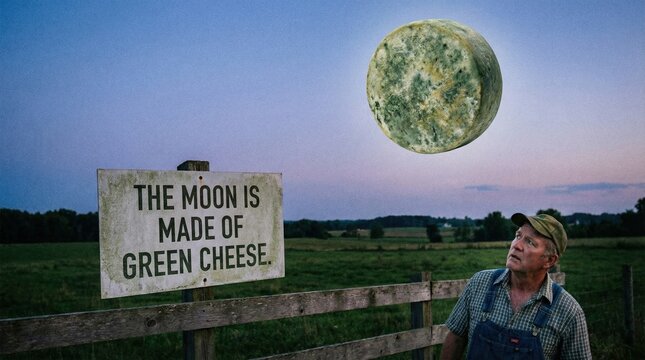 Farmer looks at a surreal moon made of green cheese. Funny interpretation of an idiom