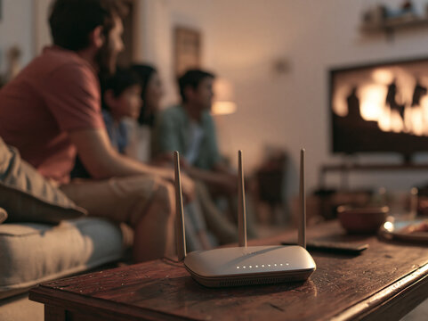 Wireless Wi-Fi router on a wooden table in a living room with a family relaxing on a sofa