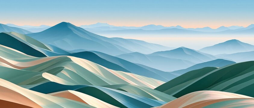Gentle topographic terrain with soft pastel layers and matte mountain ranges under clear sky