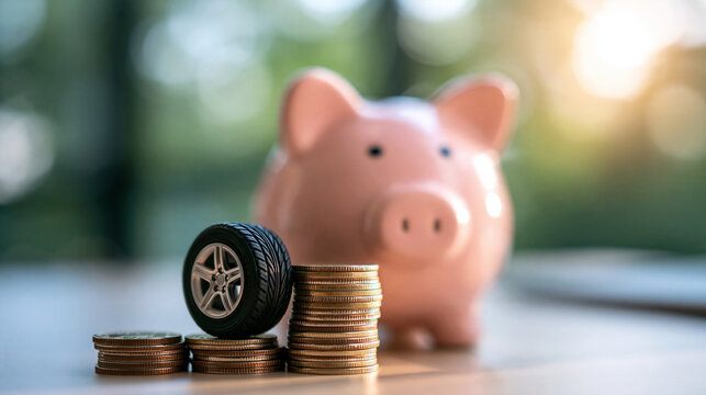 Pink piggy bank beside a miniature car tire and stack of coins on a bright desk, representing vehicle maintenance savings and repair budgeting