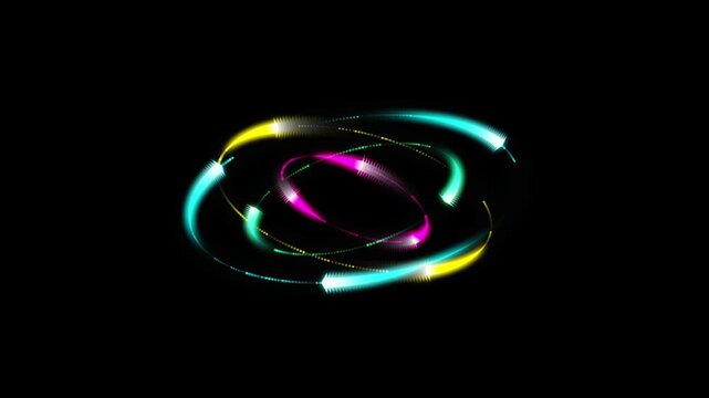 Colorful glowing neon light arrows rotating in circular motion loop on black background