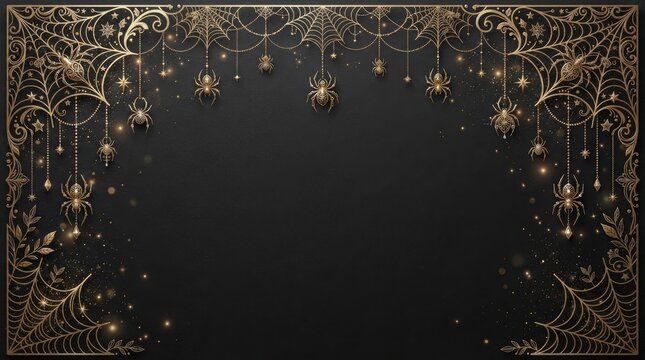 Elegant golden spider web frame with hanging spiders and sparkling glitter on a black background