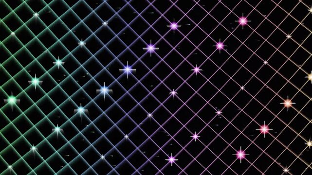 Glowing neon diagonal grid loop with twinkling colorful stars on a dark black background