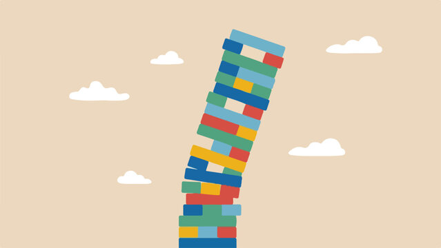 Unsustainable growth, scaling too fast, unstable business concept, a tall flat block tower leaning dangerously to one side, clean minimal flat vector illustration