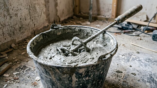 Freshly mixed cement in a plastic bucket on a construction site floor