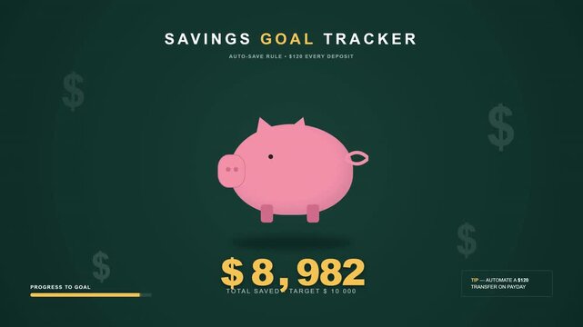 Modern financial interface with a pink piggy bank icon and progress bar, representing a budget tracker and savings goal concept for personal finance apps and banking presentations.