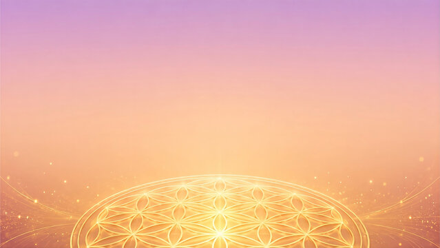 Golden Sacred Geometry Mandala Background with Flower of Life Pattern and Copy Space for Meditation Yoga Wellness Design