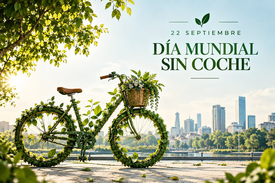 Cartel del 22 de septiembre, D&iacute;a Mundial Sin Coche, con bicicleta cubierta de plantas, hojas y flores frente a una ciudad verde, concepto de movilidad sostenible, ecolog&iacute;a y futuro urbano