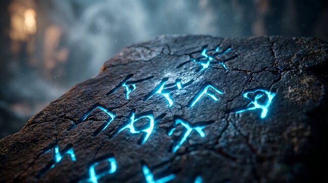 Ancient stone slab with glowing blue runic inscriptions mystical mysterious artifact archaeology mythology exploration adventure language engraved spiritual ethereal knowledge enchanted