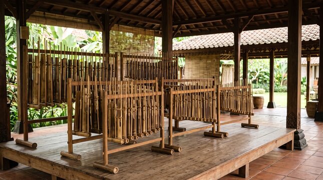 Traditional angklung display presenting Indonesian cultural heritage for tourism advertising, cultural events, destination marketing, travel campaigns, and international cultural promotion.