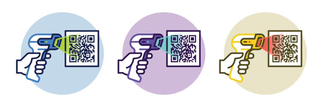 Set of three icons showing a hand holding a barcode scanner scanning a qr code, presented in different color schemes on circular backgrounds