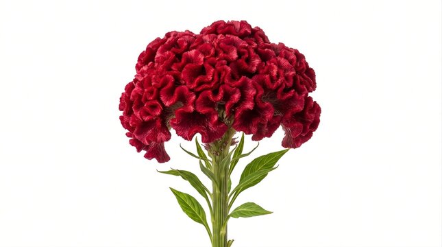Vibrant red cockscomb celosia flower isolated against a clean white background, highlighting its dense velvety crested bloom and green foliage.
