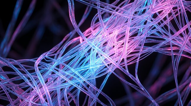Abstract microscopic view of intertwined fiber strands with blue and purple neon lighting abstract texture intertwined fibers macro photography glowing lines scientific background light trails