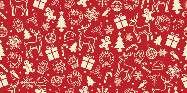 Christmas seamless pattern with reindeer, gingerbread man, gifts, snowflakes, and wreaths on red background. Festive winter holiday flat illustration.