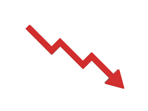 Red arrow pointing downwards, symbolizing decline and regression. Perfect for financial analysis, market trends, and negative growth scenarios. 3d illustration.