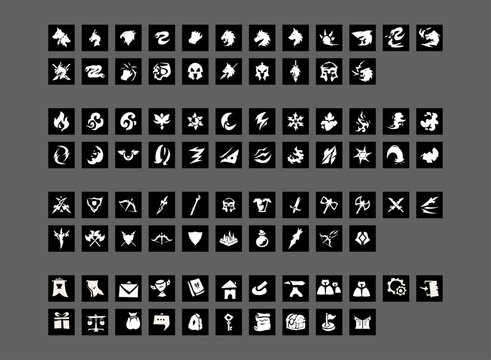Fantasy game icon collection featuring mythical creatures, elemental symbols, weapons, armor, items, magic, and adventure icons for RPG games, game UI, guilds, skills, and abilities.