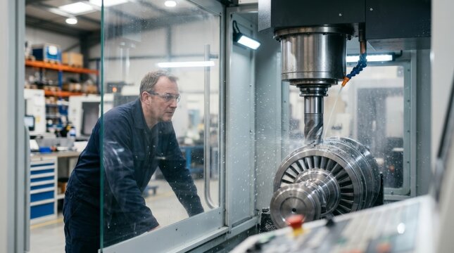An operator wearing protective glasses monitors a precision cnc machine coolant process as liquid sprays over a rotating metal turbine component inside a modern industrial workshop