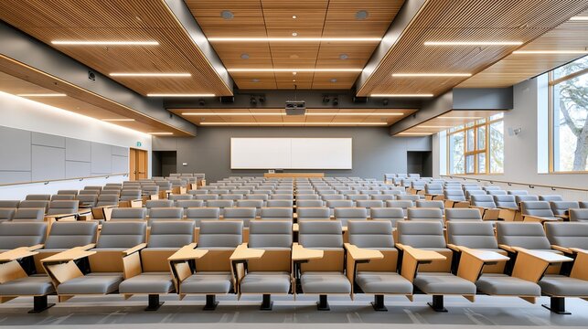 Empty lecture hall with rows of gray seats and wooden ceiling