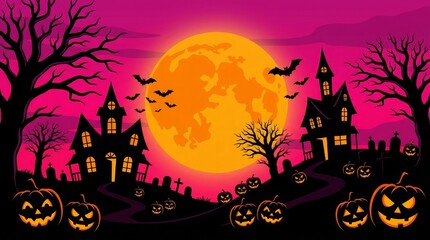 Fototapeta premium Spooky haunted houses with carved jack o lanterns under a large full moon in pink sky with sit front silhouette