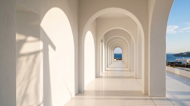 White arch corridor in modern Mediterranean architecture facing sea view. A long, elegant white colonnade with repeating symmetrical arches receding into the distance in clean Mediterranean 