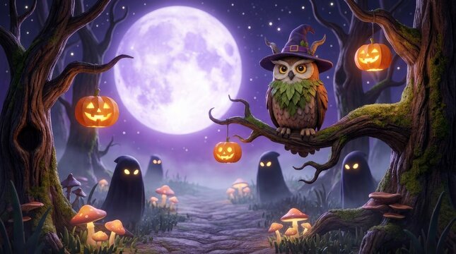 A magical owl wearing a witch hat perches on a tree branch in a spooky forest at night with mystical forest ghosts