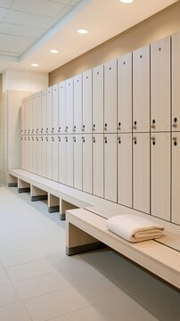 Clean locker room with wooden lockers and bench featuring folded towel under bright lighting