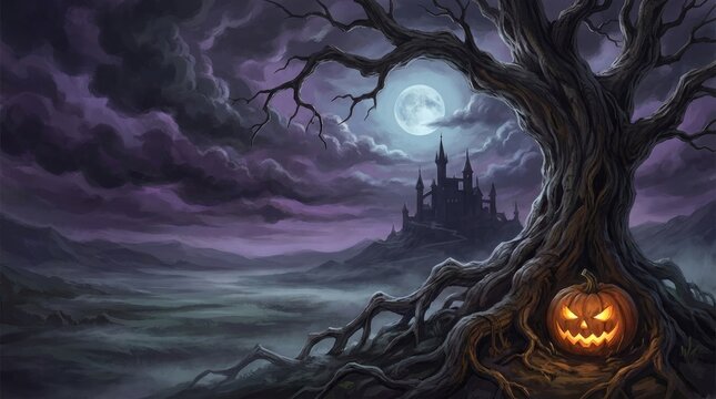 Spooky carved pumpkin sits beneath a gnarled tree in front of a distant castle under a full moon