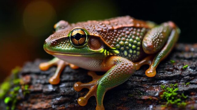 Tree frog with textured skin on a mossy log amphibian