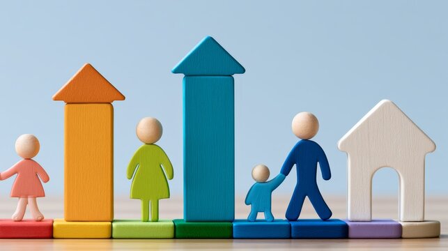 Visual Representation of Household Financial Pressure with Colorful Toy Figures and Bar Graphs of Burden