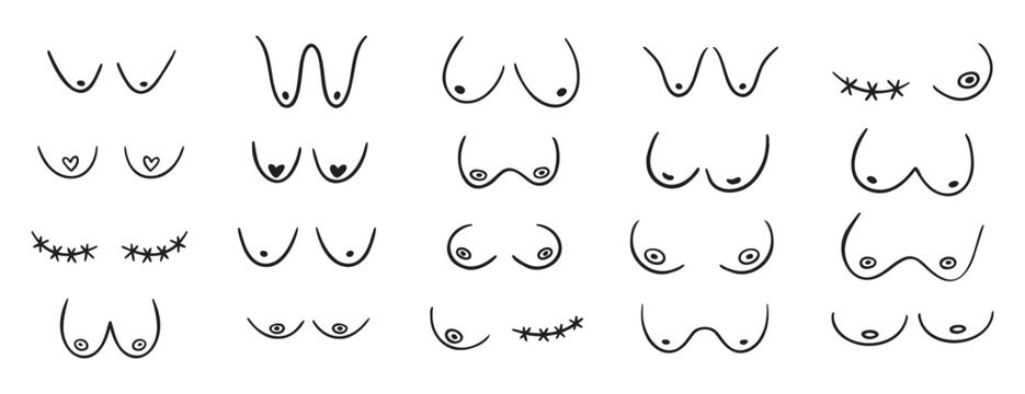 woman breast doodle hand drawn icon set. Outline drawing line clipart symbol collection. female breasts different sizes, breast cancer. 