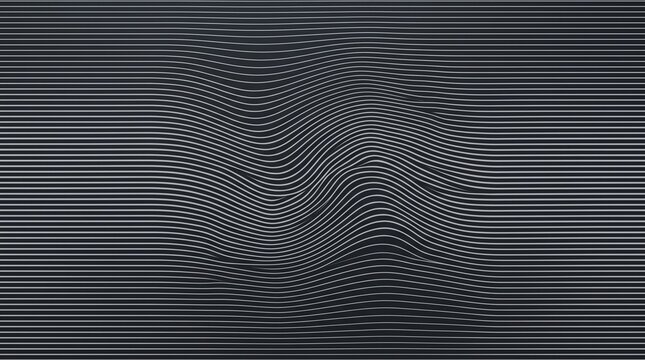 Abstract dark gray optical illusion background with wavy horizontal lines. Modern abstract charcoal background featuring horizontal parallel lines with a central wavy distortion, creating a stylish 3D