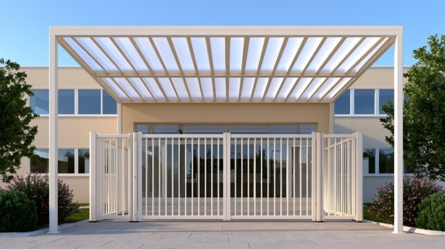 Safe School Entrance with Canopy and Puddle at Edge of Perimeter Fence and Landscaping, 3d rendering