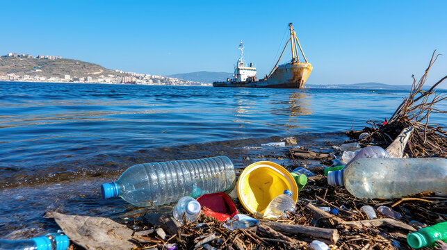 Pollution in ocean with plastic waste, bottles, and debris along shore, highlighting environmental issues and need for cleanup efforts
