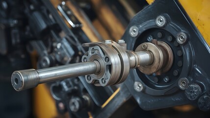 Fototapeta premium Industrial metal drive shaft assembly, heavy machinery mechanical components, steel engine parts in factory setting