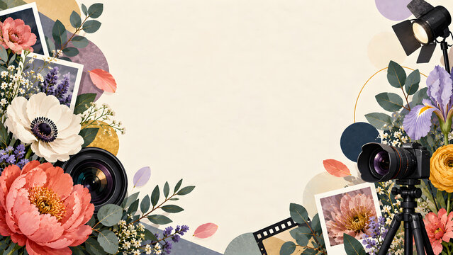 Vintage photography background with floral border, camera equipment and polaroid photos, artistic studio flat lay with flowers