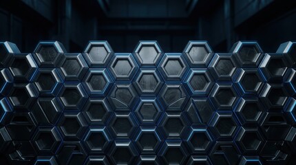 Fototapeta premium Futuristic Hexagonal Metal Grid with Blue Neon Highlights