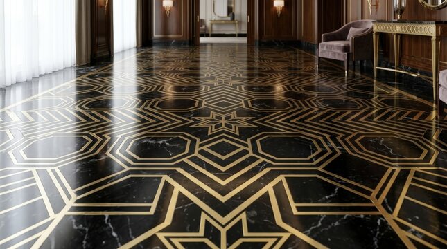 Luxury Art Deco hallway with geometric black marble floor and gold inlay