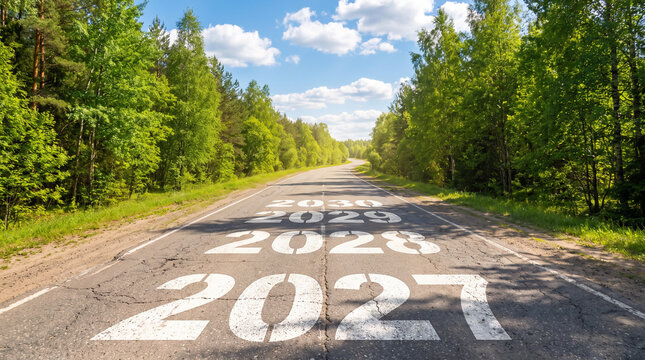 Path Forward Through Time Representing Years 2027 2028 2029 and 2030 on a Scenic Forest Roadway