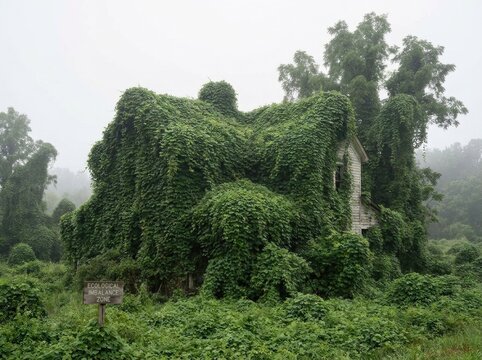 Massive ecological takeover by thick kudzu vines covering a forgotten house amidst severe climate shifts