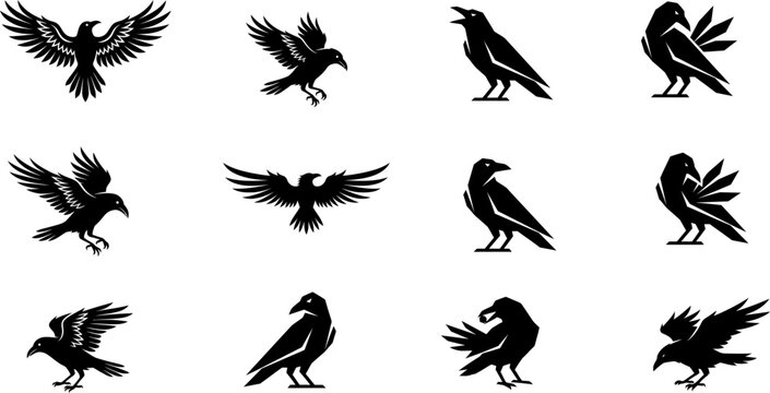 Black crow silhouettes in various poses for spooky Halloween designs and mysterious themes