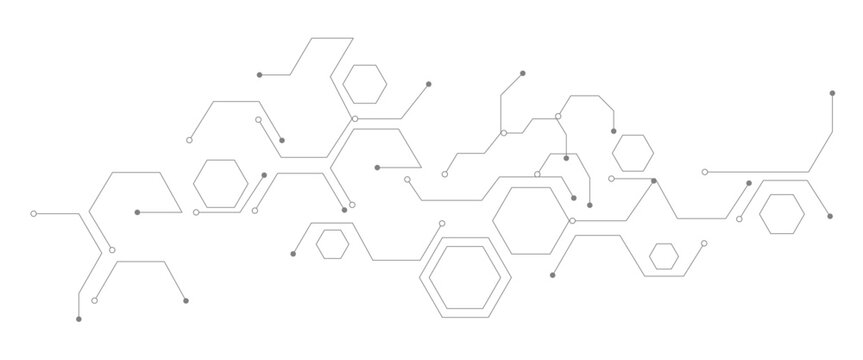 Futuristic digital circuit board pattern with hexagonal nodes, abstract black and white technology background vector, minimalist geometric data connection lines for web and tech design