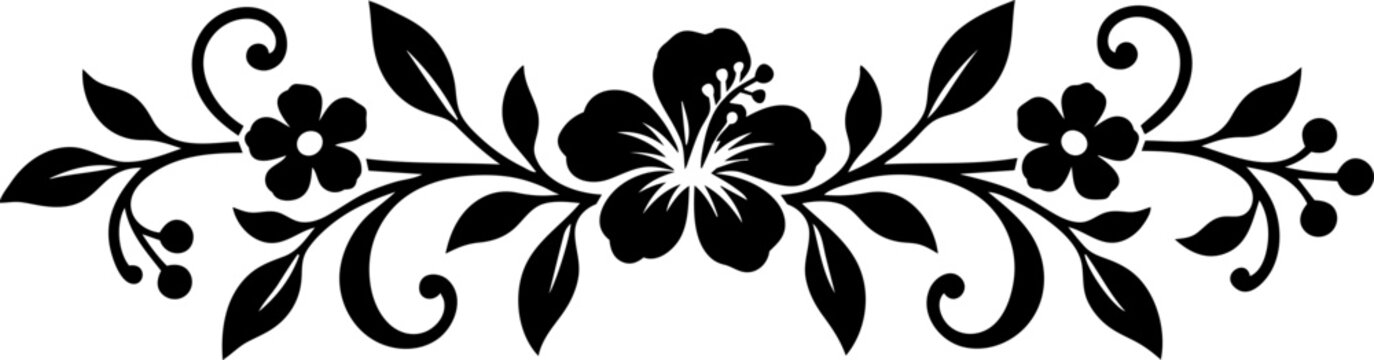 Black Floral Divider with Botanical Flowers and Leaves