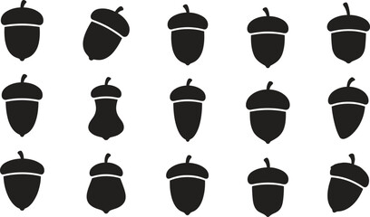 Set of black acorn silhouettes representing traditional thanks giving elements for seasonal autumn holiday design projects © MstTamima