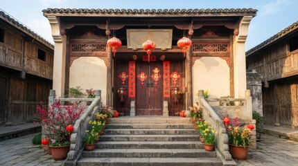 Obraz premium Traditional Chinese courtyard entrance with red lanterns and spring festival decorations