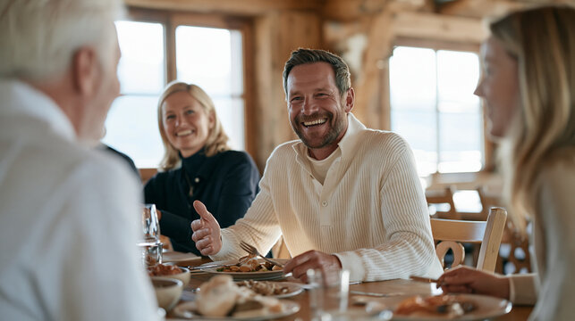 Assembly of regional governors in a mountain lodge dining hall sharing a nutritious communal meal, political retreat healthy eating leadership wellbeing program alpine setting