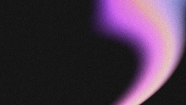Abstract grainy textured background with smooth, wavy curved light gradient. Soft purple, pink, and pale beige glowing arc on a dark black noisy backdrop.