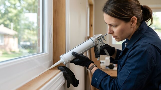 Professional woman applying silicone sealant to a window frame indoors