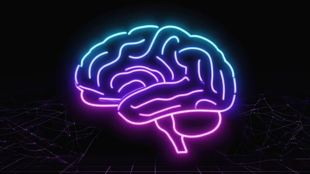 Neon Brain Illustration: Futuristic AI, Neural Network, and Technology Concept with Glowing Lines on Dark Background.