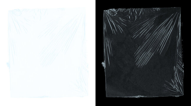 Transparent plastic wrap texture on black and white backgrounds, wrinkled cellophane overlay, clear polyethylene film for packaging mockups