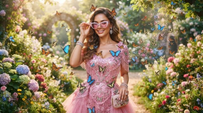 Woman in pink dress surrounded by butterflies in a lush garden setting